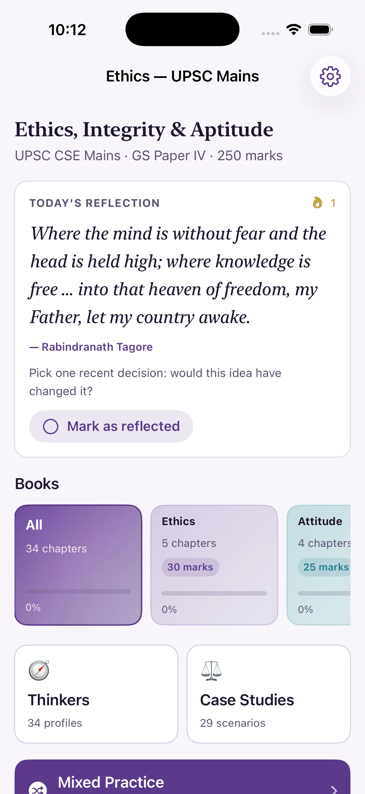 Mains Ethics home with daily reflection, books, thinkers and case studies